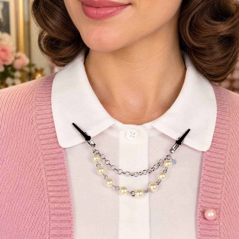 Vintage Style Pearl & Chain Sweater Guard Clip Cardigan Shawl Collar - Hey Viv